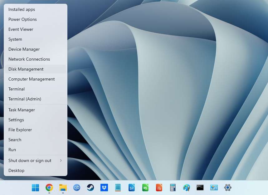 open windows disk management tool