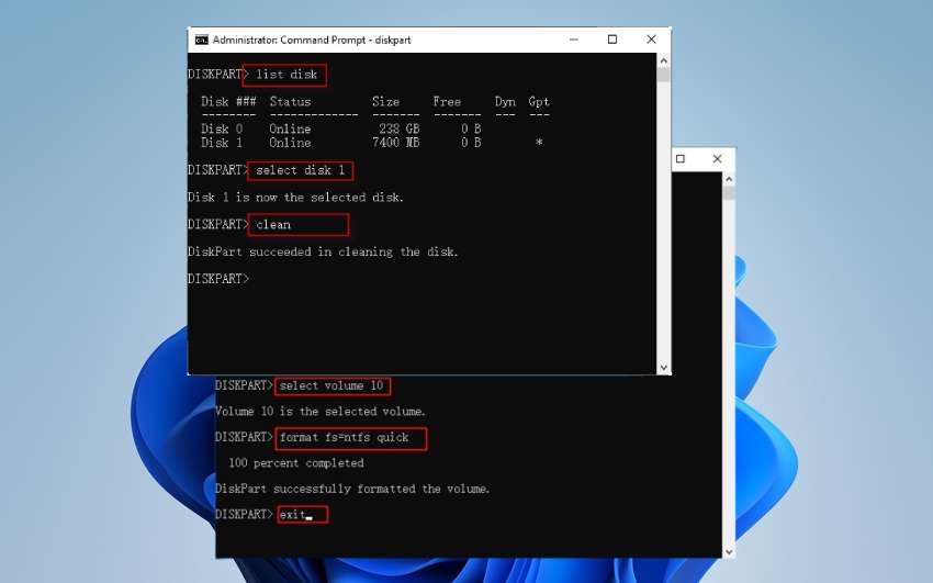 diskpart clean and format commands