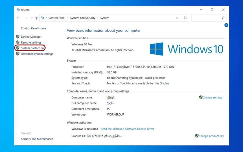 system protection on windows 10