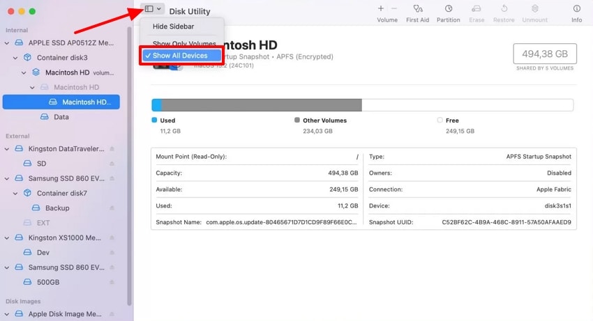 show all devices preview partitions