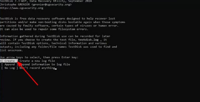 create log file testdisk