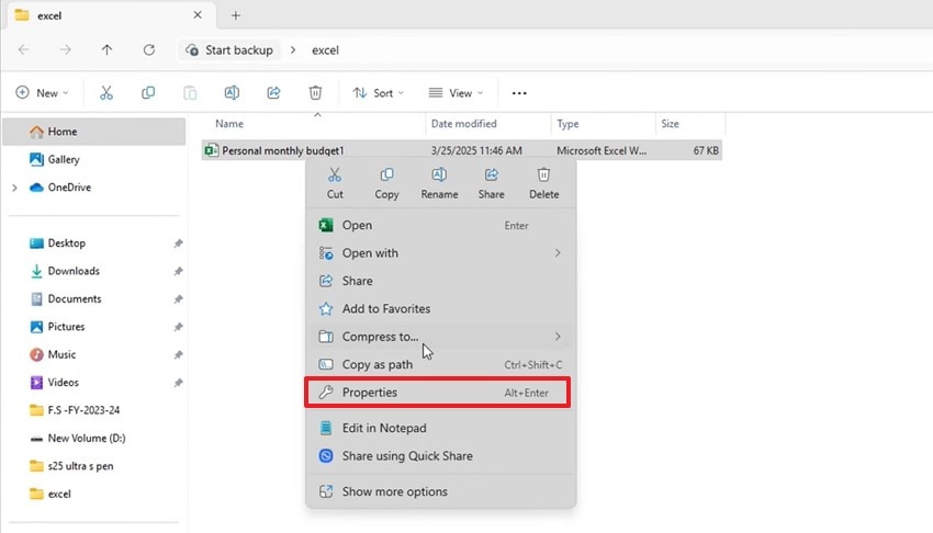 choose the properties option
