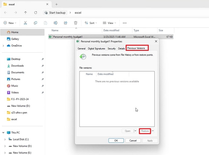 click on the restore button