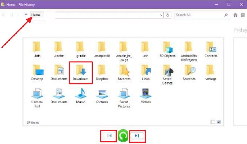 browse backups with arrows