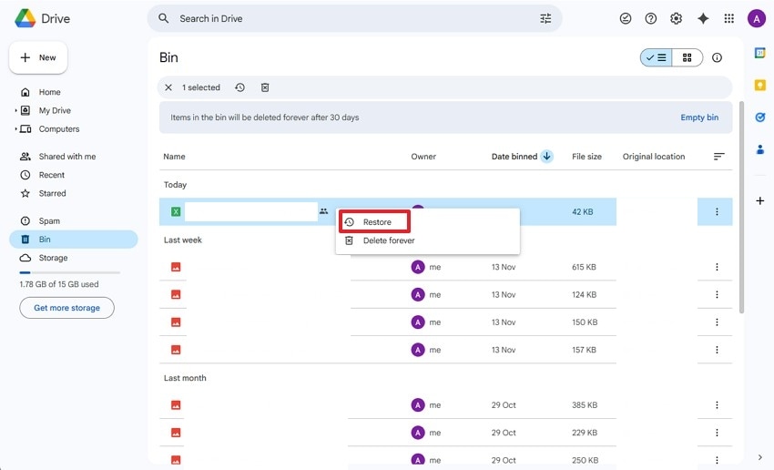 choose the restore option