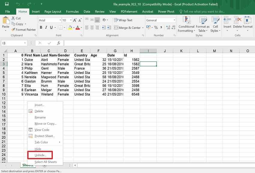 use unhide option for missing sheet