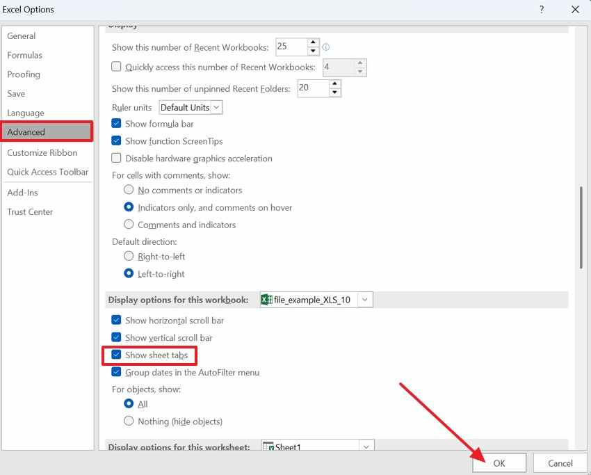 enable sheet tabs in excel