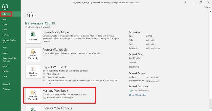 access manage workbook recovery tools
