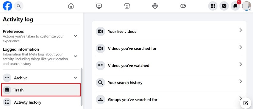 click trash option from activity log