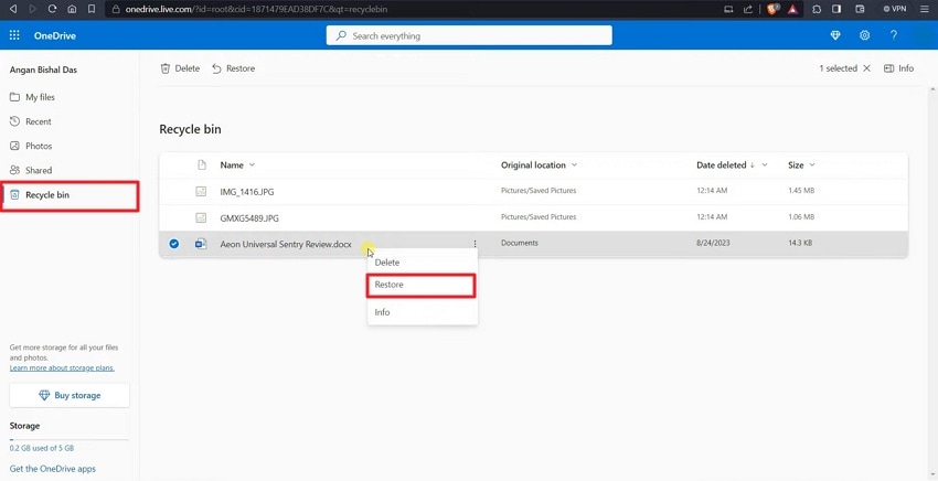 recover deleted file using onedrive