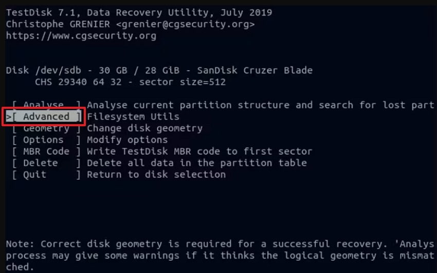 perform advanced operations testdisk