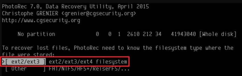 select the filesystem type