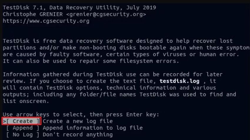 select create to generate log file
