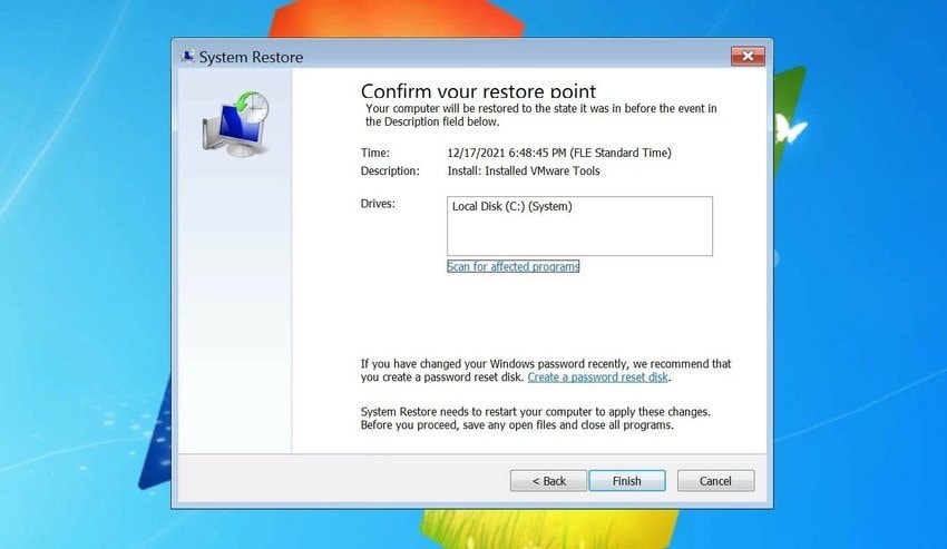 confirm restoring windows 7 to earlier date