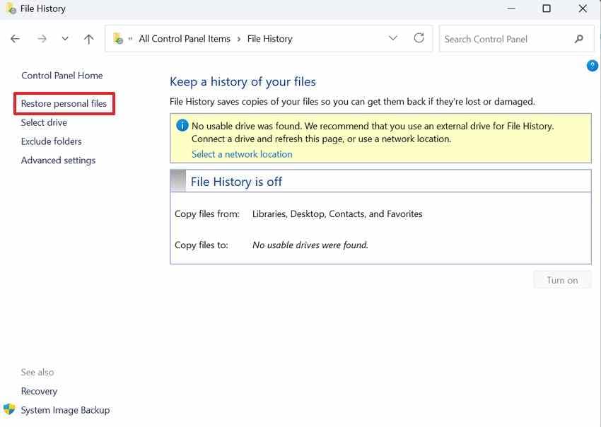 locate a deleted file in file history