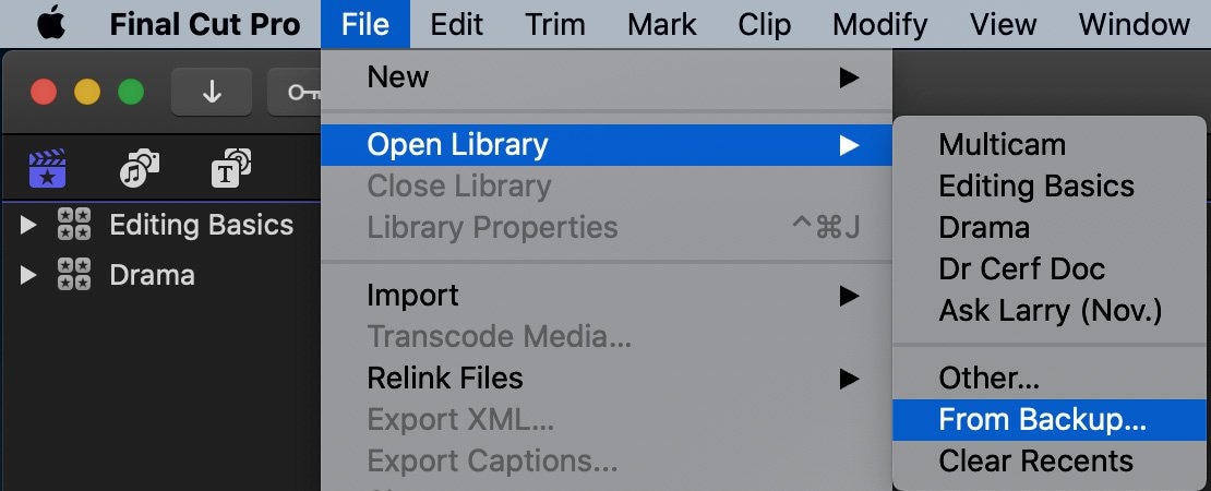 open library from backup in fcp