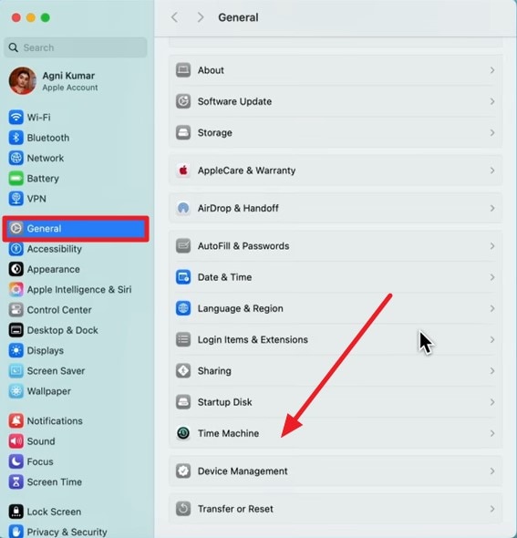 open settings choose time machine