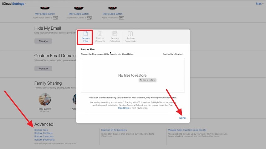 choose restore files press done