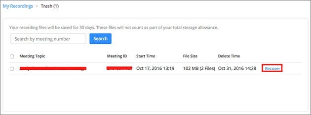 click recover to retrieve deleted zoom recordings from cloud trash