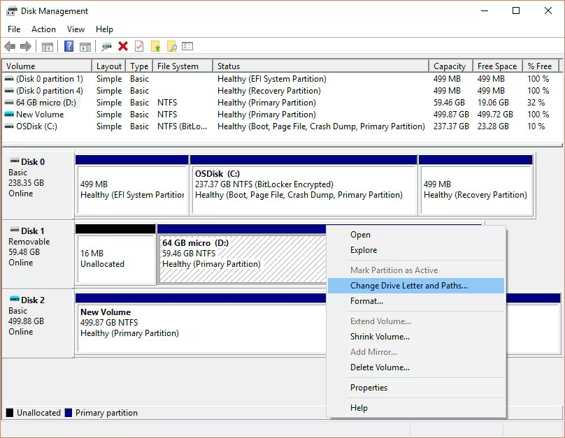 change and assign the drive letter