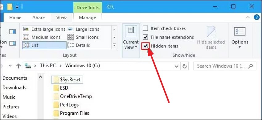 show hidden items