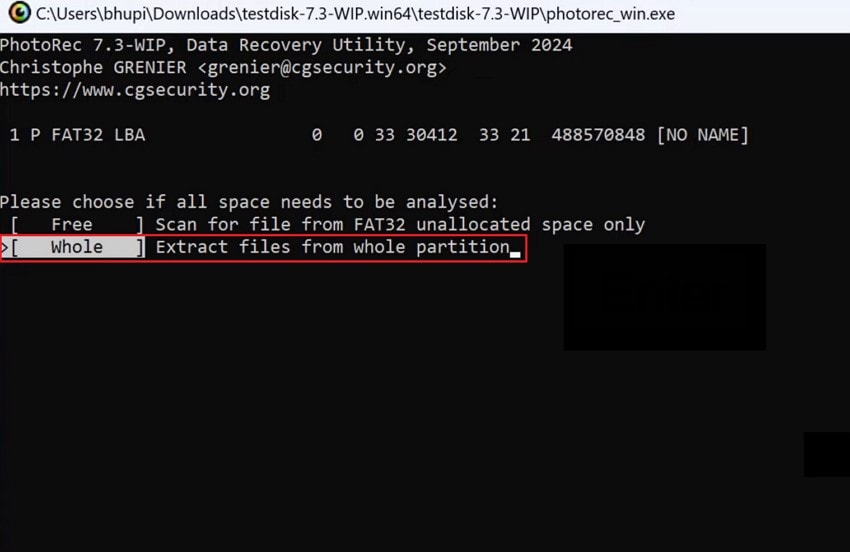 open photorec command line prompt