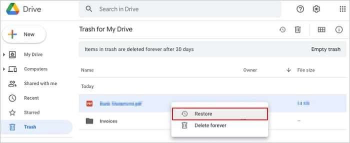 restoring deleted files from google drive