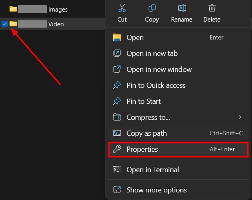 select properties tab