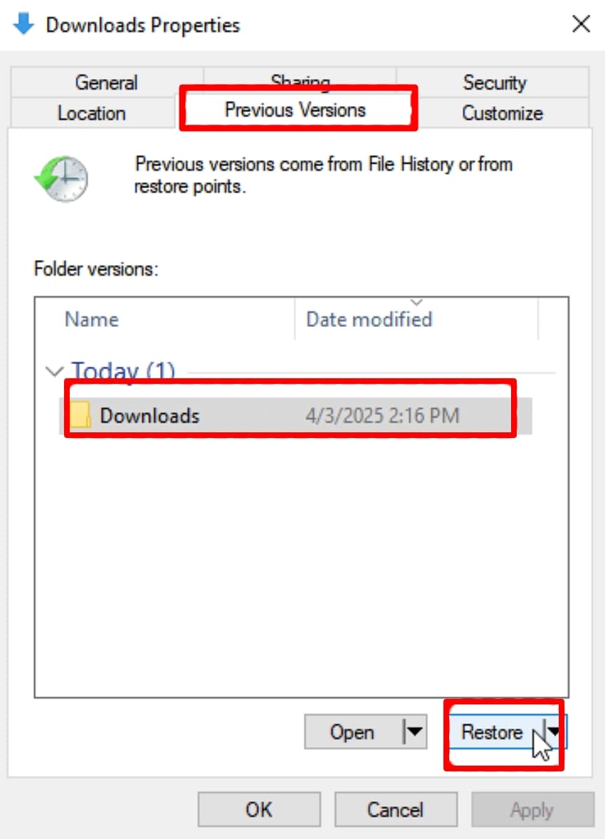 restore previous versions files