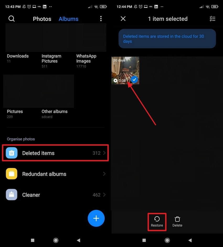 restore videos from deleted items