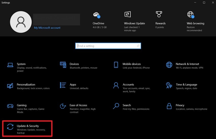 select update and security option