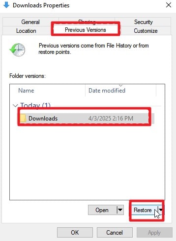 restore previous version