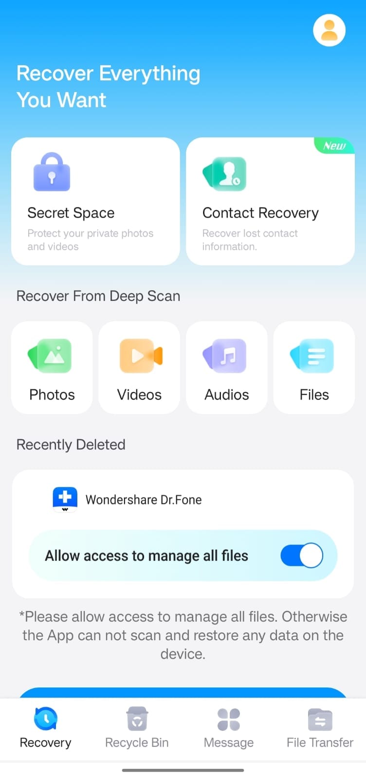 start drfone android video recovery