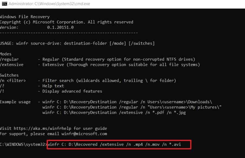 run windows file recovery command