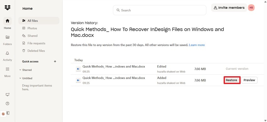 restore file version on dropbox