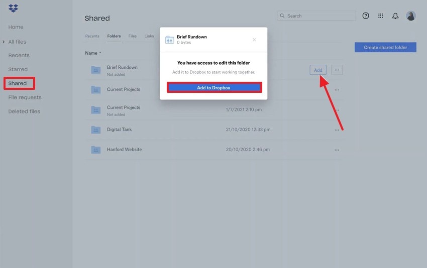 add shared files to dropbox