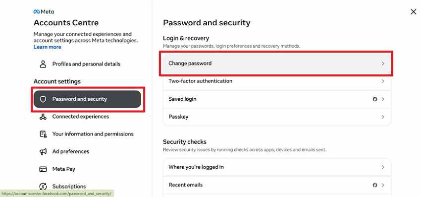 choose change password settings