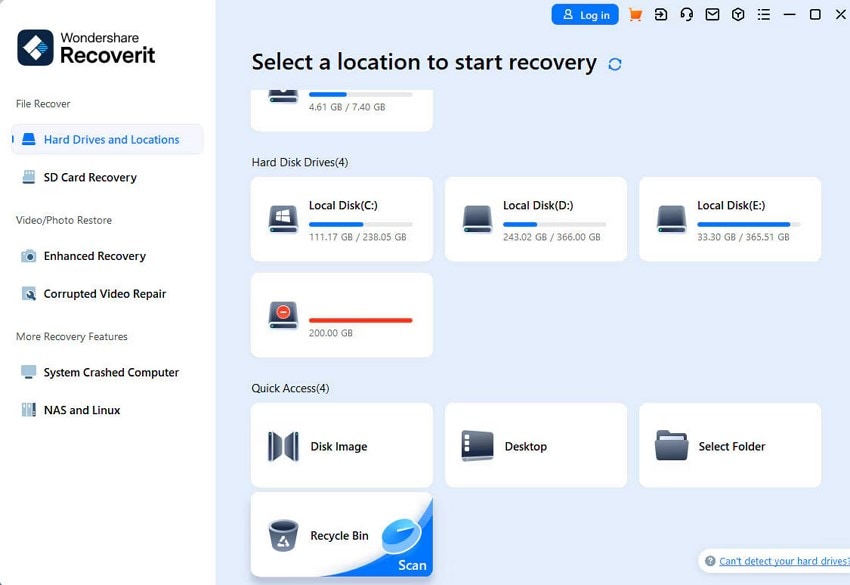 launch recoverit and select location