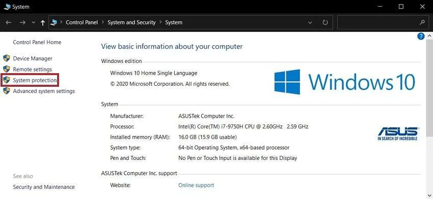 protection du système sur windows 10