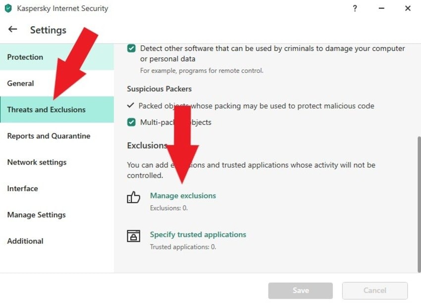 threats and exclusions in kaspersky