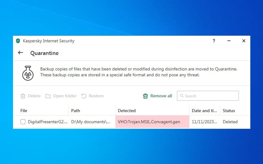 an infected file in kaspersky quarantine