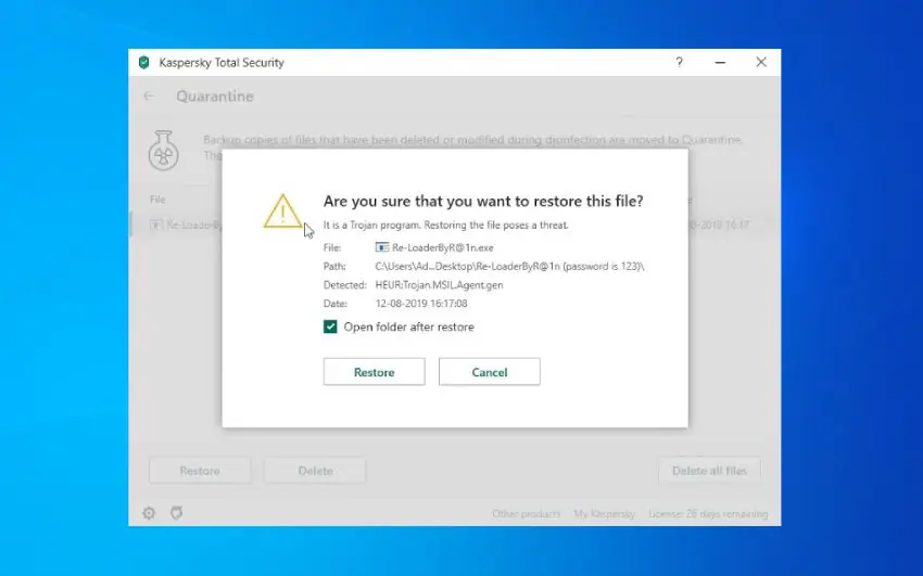 restoring quarantined files in kaspersky
