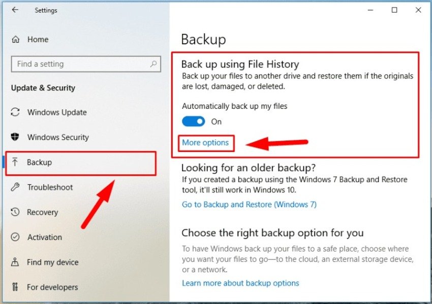 more options in file history backups