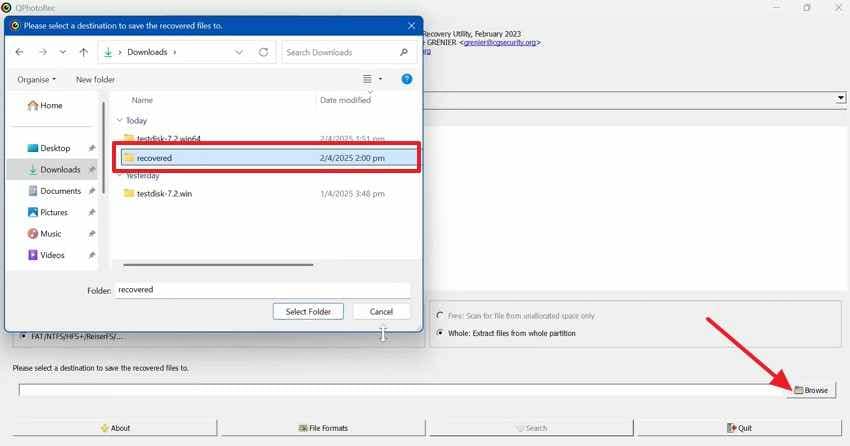 choose photorec save folder