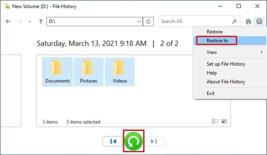 retrieve files from external hard drive through file history