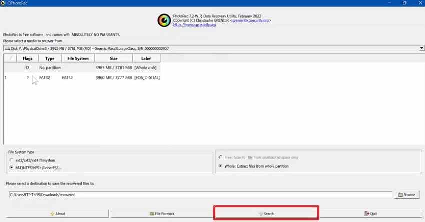 search formatted drive qphotorec