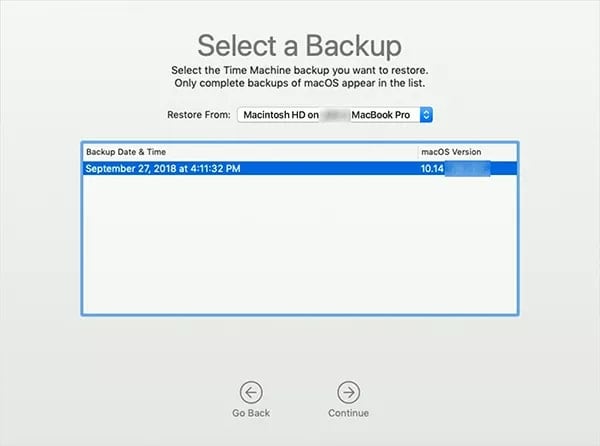 select the time machine backup you want to restore
