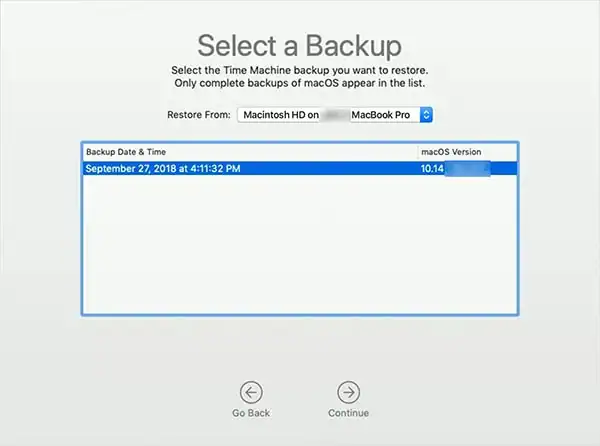 select the time machine backup you want to restore