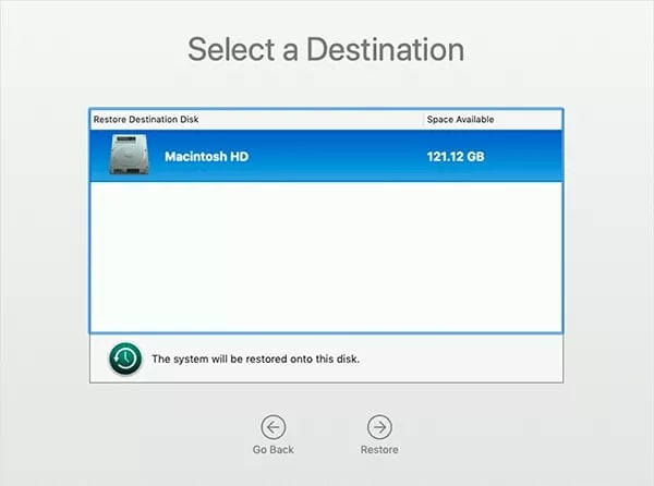 select a destination for time machine data recovery