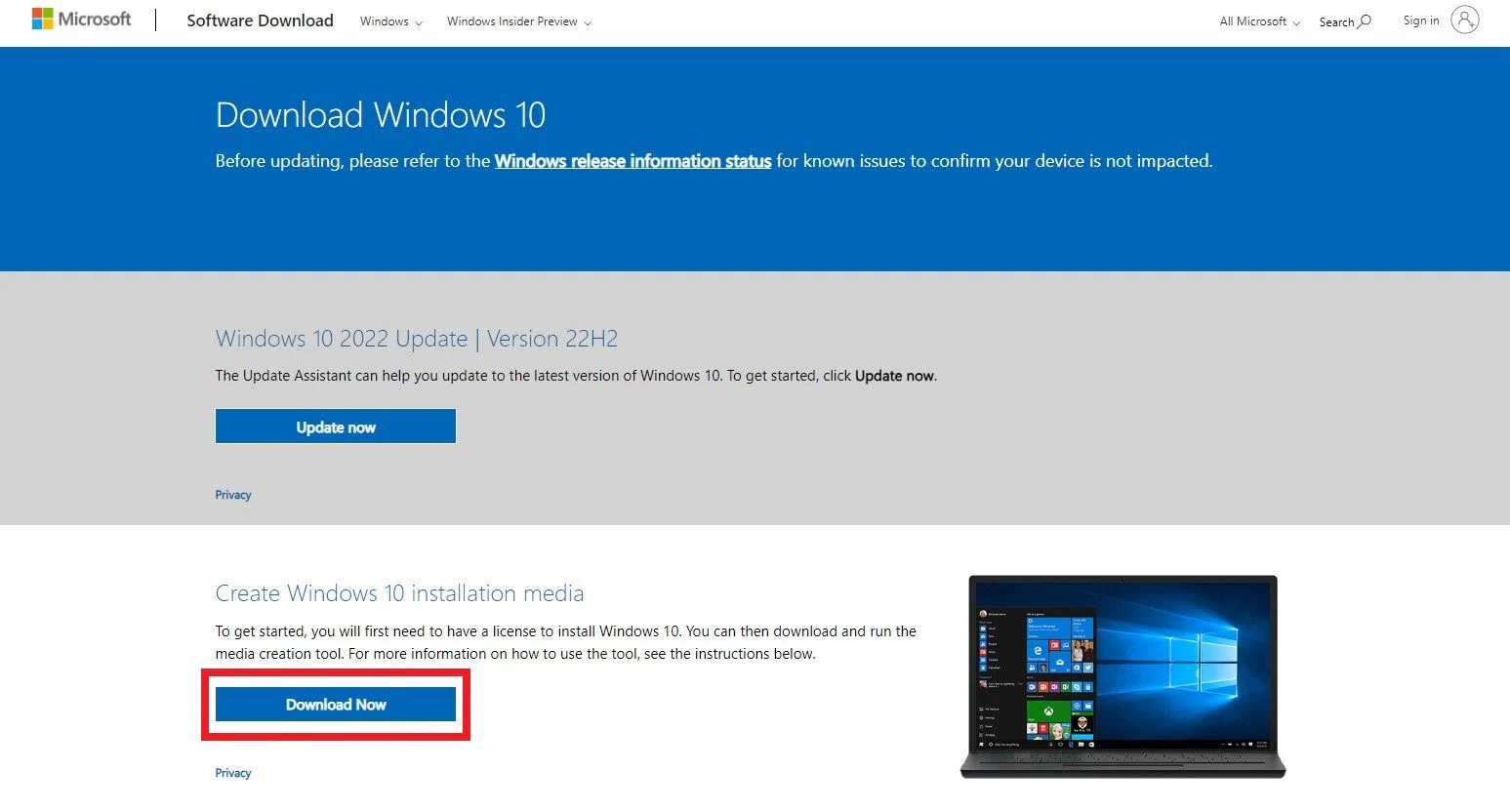 descargar medios de instalación de windows 10